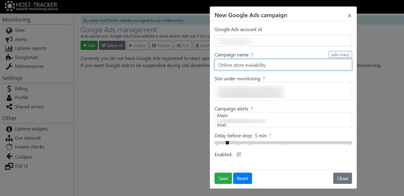 Google AdWords monitoring via HostTracker